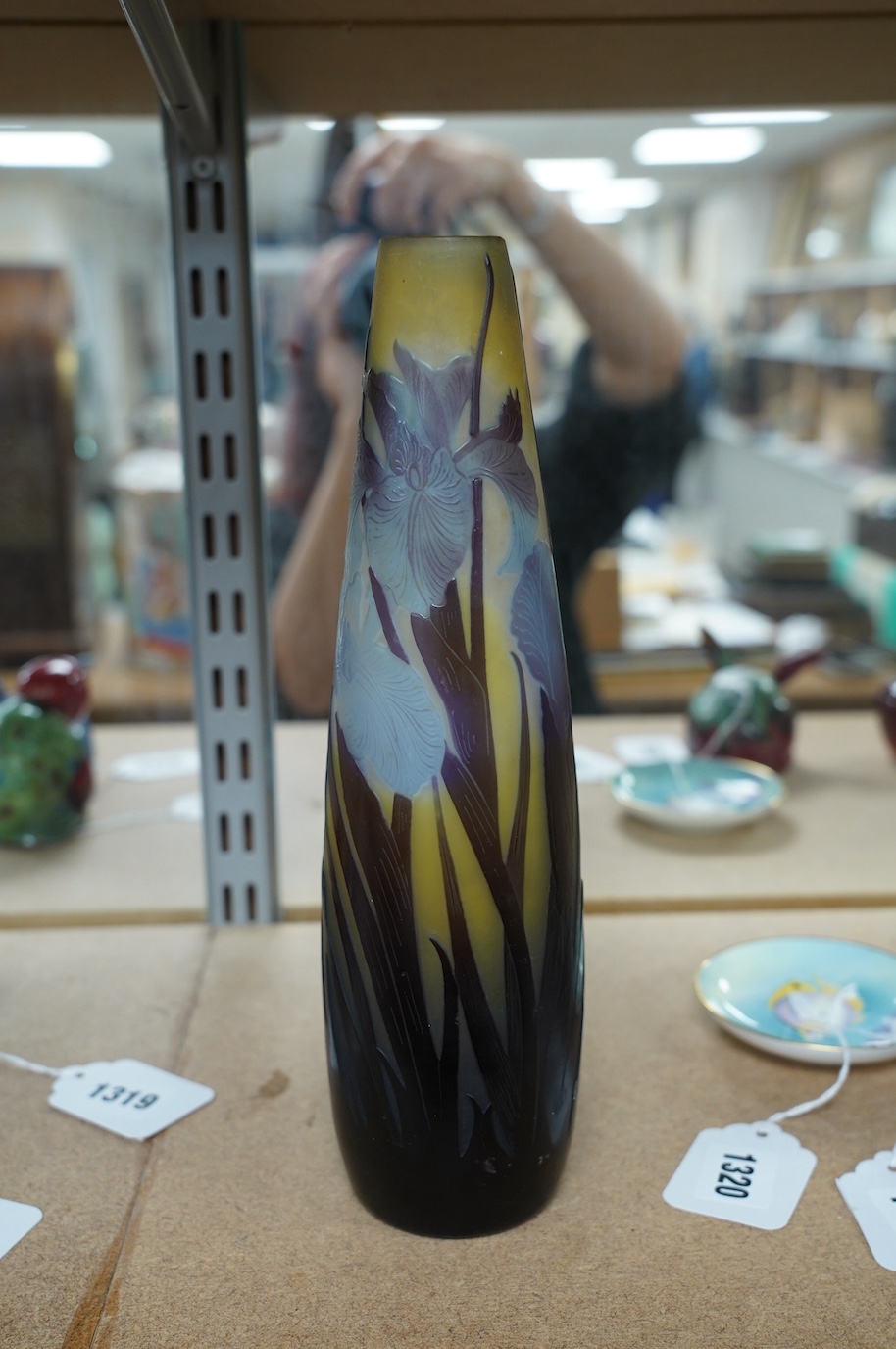 A Gallé blue iris vase, 27.5cm high. Condition - fair to good, minor surface scratches to base